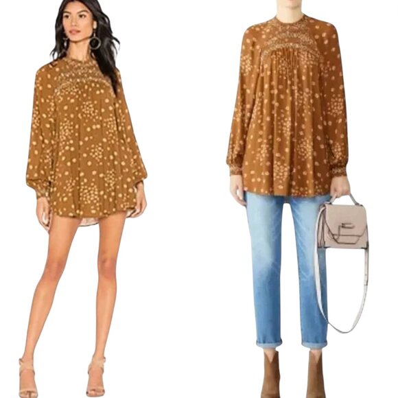 Free People Flowers in Her Hair Smocked Long Sleeve Tunic Boho Mini Dress XS - Picture 2 of 13
